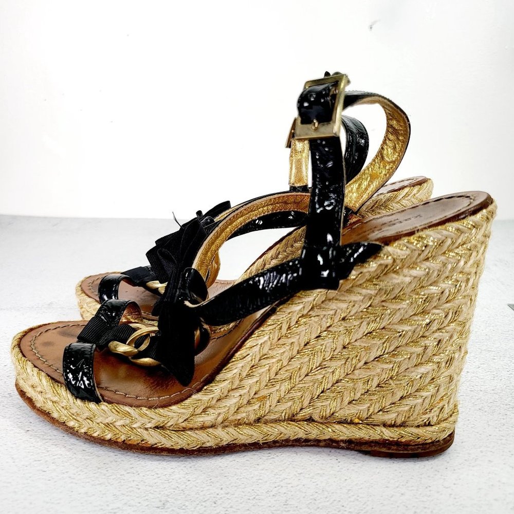 KATE SPADE Wedge Black Leather Espadrilles Sandals 8 Gold Chain Open Toe - Picture 5 of 14